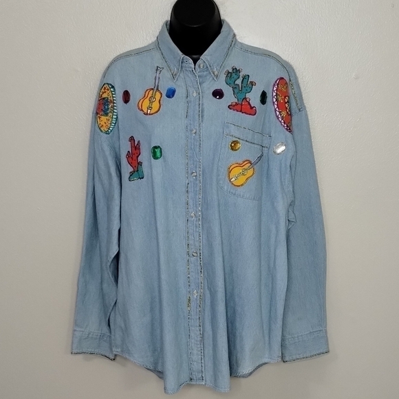 VINTAGE 80s Forenza Women's Large Tunic Shirt Chambray Denim Southwestern Relax - Picture 1 of 9